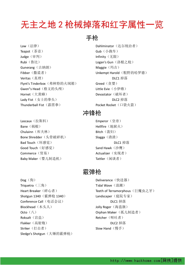 无主之地2 红字属性表下载 无主之地2 红字属性表pdf版 嗨客电脑游戏站